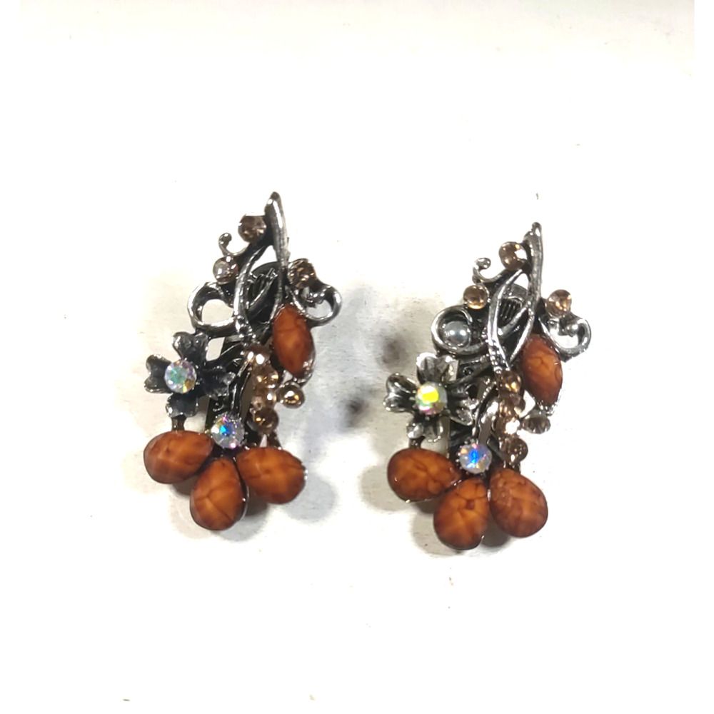 Hair Clips Brown Rust Color Beads Rhinestone Silver Tone Matching Set